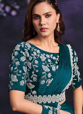 Teal green pre-draped crepe satin silk saree with embroidered blouse and waist belt 2