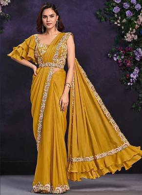 Mustard pre-draped crepe satin silk saree with embroidered blouse and waist belt 1