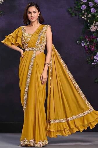 Mustard pre-draped crepe satin silk saree with embroidered blouse and waist belt