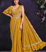 Mustard pre-draped crepe satin silk saree with embroidered blouse and waist belt