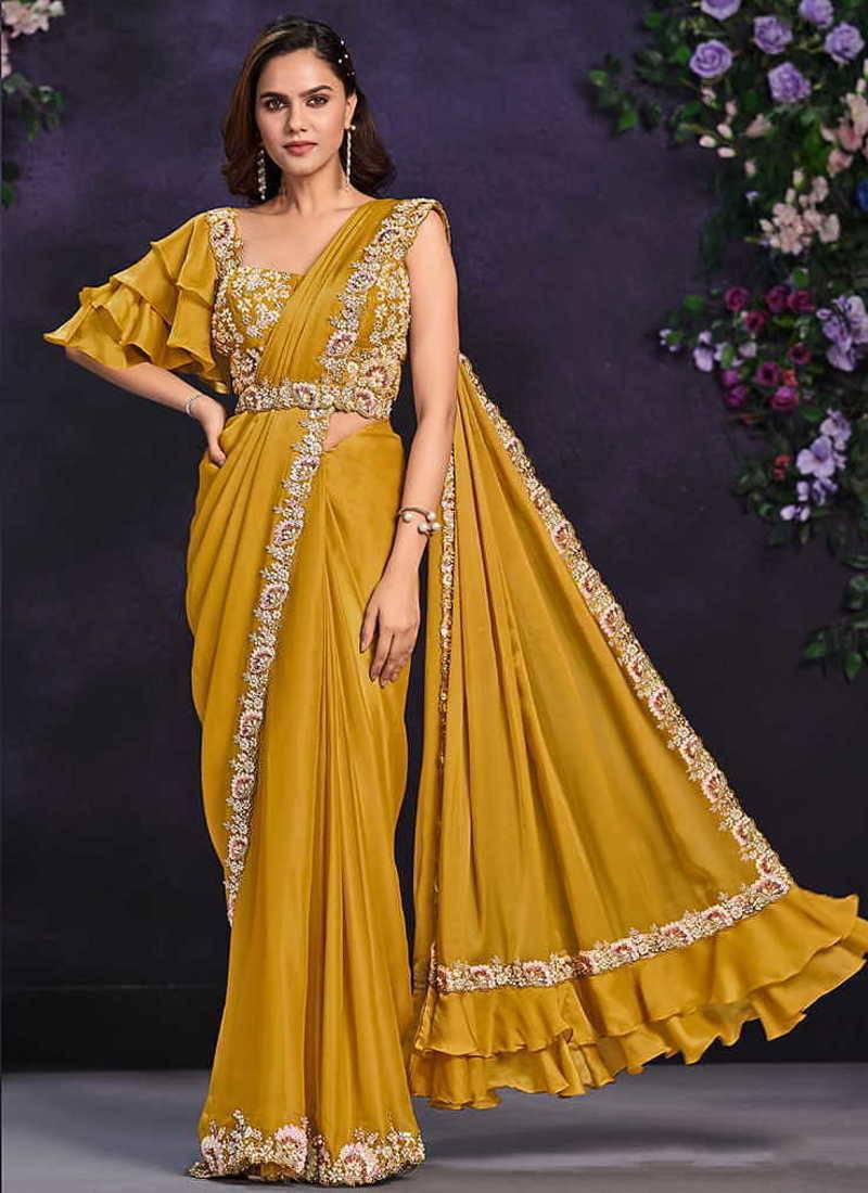 Mustard pre-draped crepe satin silk saree with embroidered blouse and waist belt