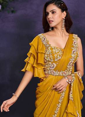Mustard pre-draped crepe satin silk saree with embroidered blouse and waist belt 2