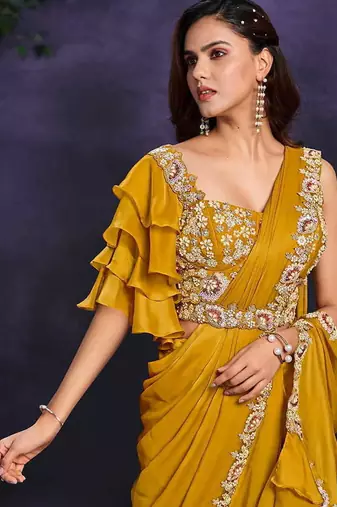 Mustard pre-draped crepe satin silk saree with embroidered blouse and waist belt