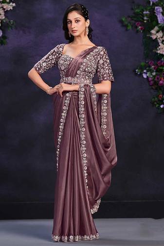 Dusty mauve pre-draped crepe satin silk saree with embroidered blouse and waist belt