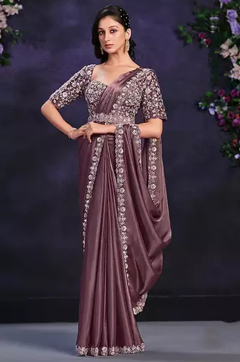 Dusty mauve pre-draped crepe satin silk saree with embroidered blouse and waist belt