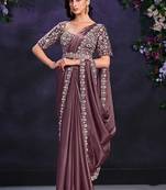 Dusty mauve pre-draped crepe satin silk saree with embroidered blouse and waist belt