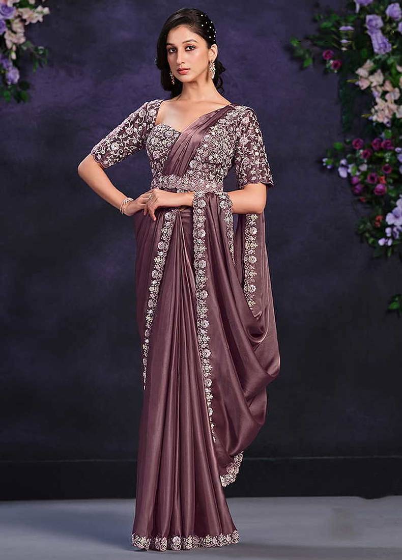 Dusty mauve pre-draped crepe satin silk saree with embroidered blouse and waist belt