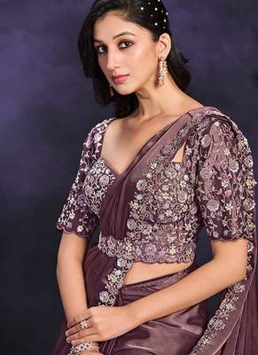 Dusty mauve pre-draped crepe satin silk saree with embroidered blouse and waist belt 2