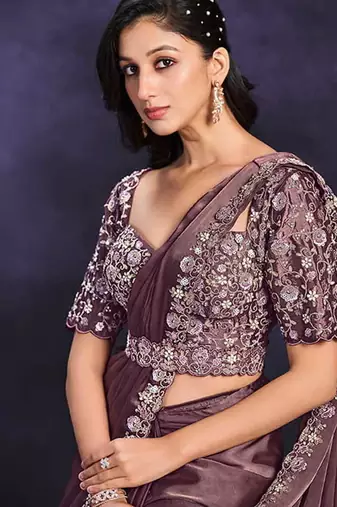 Dusty mauve pre-draped crepe satin silk saree with embroidered blouse and waist belt