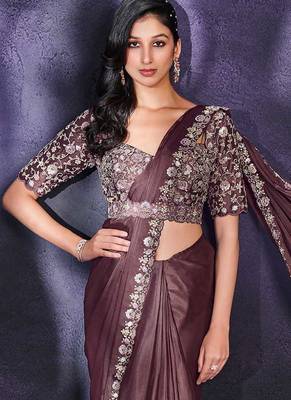 Dusty mauve pre-draped crepe satin silk saree with embroidered blouse and waist belt 3