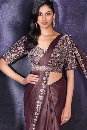 Dusty mauve pre-draped crepe satin silk saree with embroidered blouse and waist belt