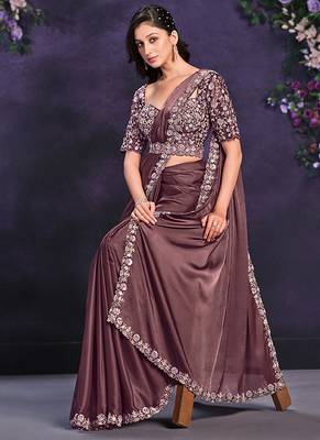Dusty mauve pre-draped crepe satin silk saree with embroidered blouse and waist belt 4
