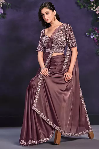 Dusty mauve pre-draped crepe satin silk saree with embroidered blouse and waist belt