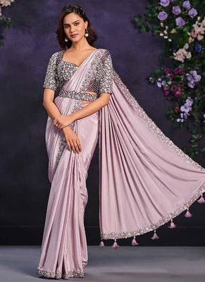 Lilac pre-draped crepe satin silk saree with embroidered blouse and waist belt 1