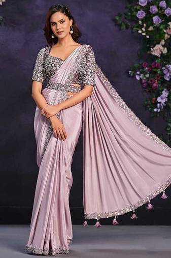 Lilac pre-draped crepe satin silk saree with embroidered blouse and waist belt
