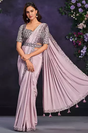 Lilac pre-draped crepe satin silk saree with embroidered blouse and waist belt