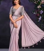 Lilac pre-draped crepe satin silk saree with embroidered blouse and waist belt