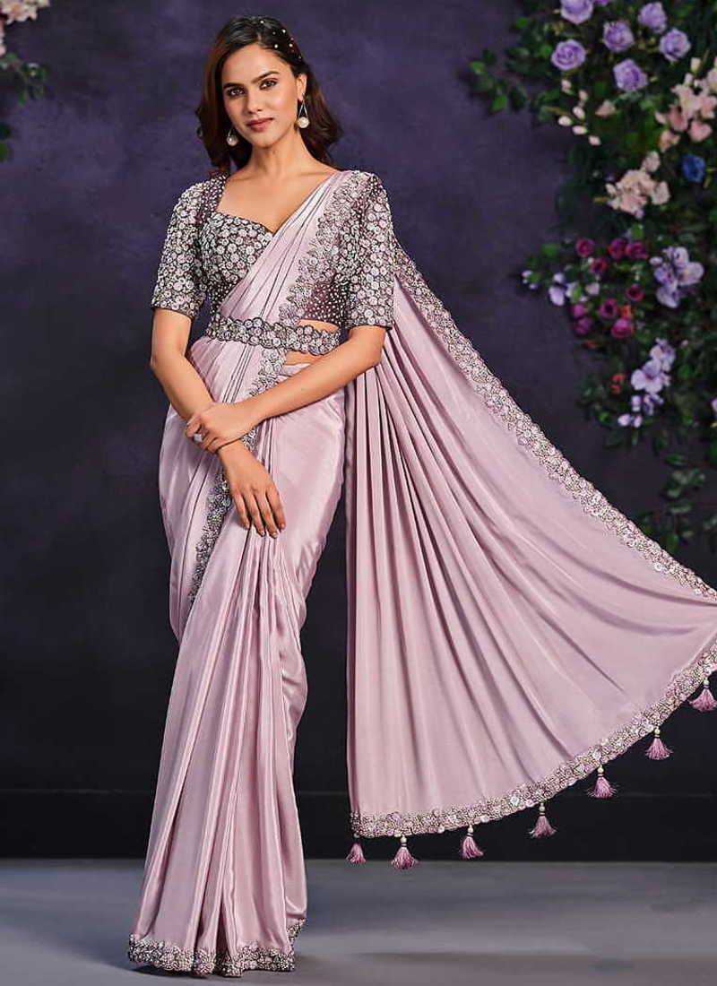 Lilac pre-draped crepe satin silk saree with embroidered blouse and waist belt