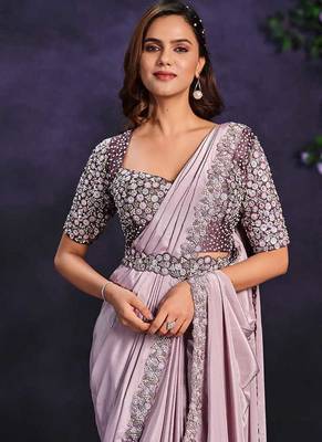 Lilac pre-draped crepe satin silk saree with embroidered blouse and waist belt 2