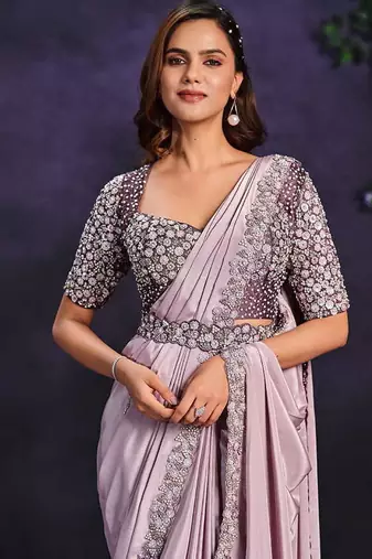 Lilac pre-draped crepe satin silk saree with embroidered blouse and waist belt