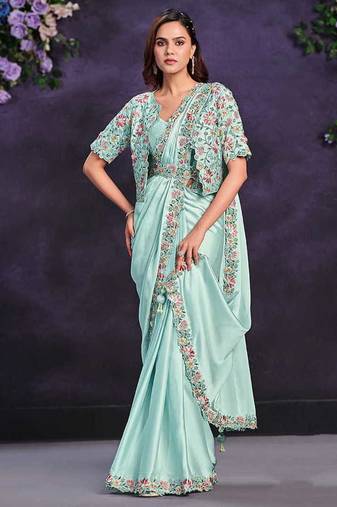 Sea green pre-draped crepe satin silk saree with embroidered blouse and waist belt
