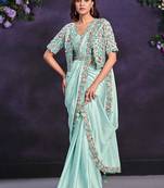 Sea green pre-draped crepe satin silk saree with embroidered blouse and waist belt