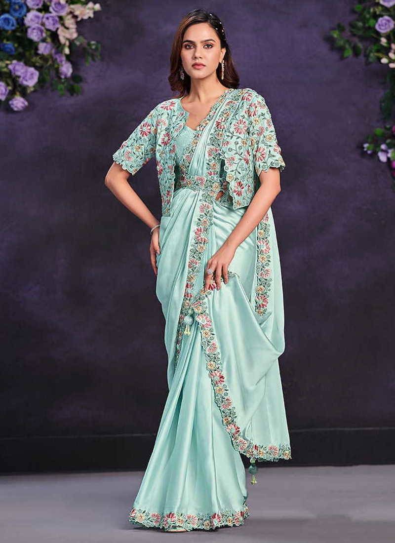 Sea green pre-draped crepe satin silk saree with embroidered blouse and waist belt