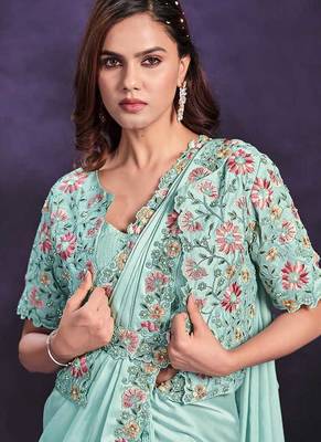 Sea green pre-draped crepe satin silk saree with embroidered blouse and waist belt 2