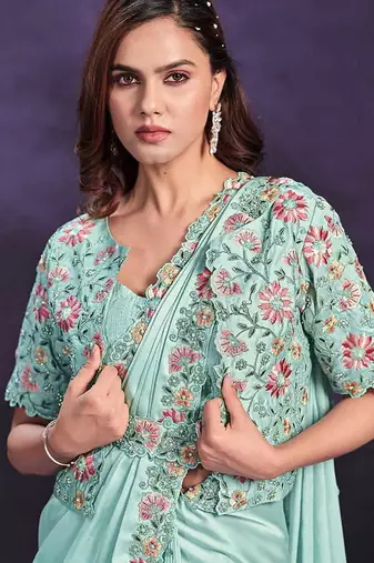 Sea green pre-draped crepe satin silk saree with embroidered blouse and waist belt