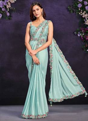 Sea green pre-draped crepe satin silk saree with embroidered blouse and waist belt 3