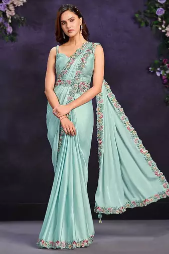 Sea green pre-draped crepe satin silk saree with embroidered blouse and waist belt