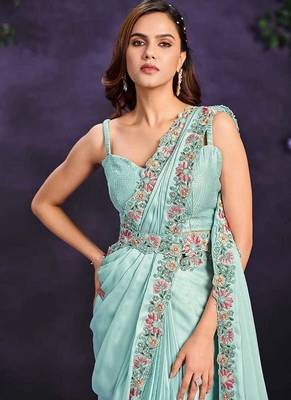 Sea green pre-draped crepe satin silk saree with embroidered blouse and waist belt 4