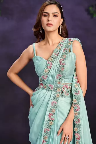 Sea green pre-draped crepe satin silk saree with embroidered blouse and waist belt