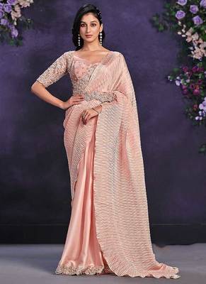 Peach pre-draped crepe satin silk saree with embroidered blouse and waist belt 1
