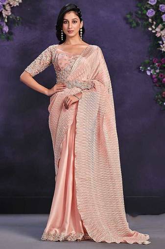 Peach pre-draped crepe satin silk saree with embroidered blouse and waist belt