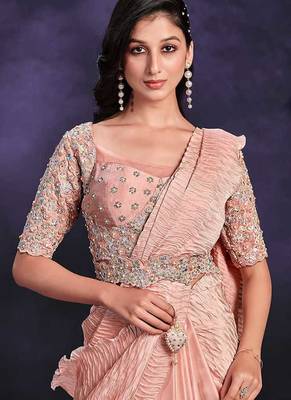 Peach pre-draped crepe satin silk saree with embroidered blouse and waist belt 2