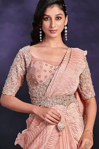 Peach pre-draped crepe satin silk saree with embroidered blouse and waist belt