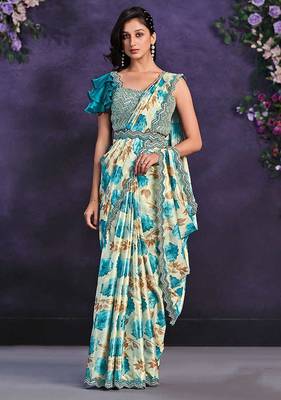 Multicolor pre-draped crepe satin silk saree with embroidered blouse and waist belt 1