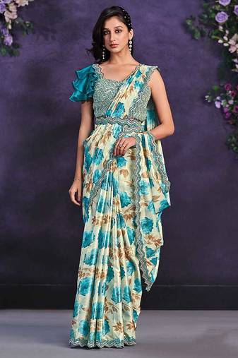 Multicolor pre-draped crepe satin silk saree with embroidered blouse and waist belt