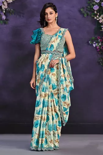 Multicolor pre-draped crepe satin silk saree with embroidered blouse and waist belt