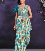 Multicolor pre-draped crepe satin silk saree with embroidered blouse and waist belt