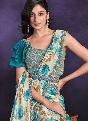 Multicolor pre-draped crepe satin silk saree with embroidered blouse and waist belt 2
