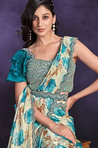 Multicolor pre-draped crepe satin silk saree with embroidered blouse and waist belt