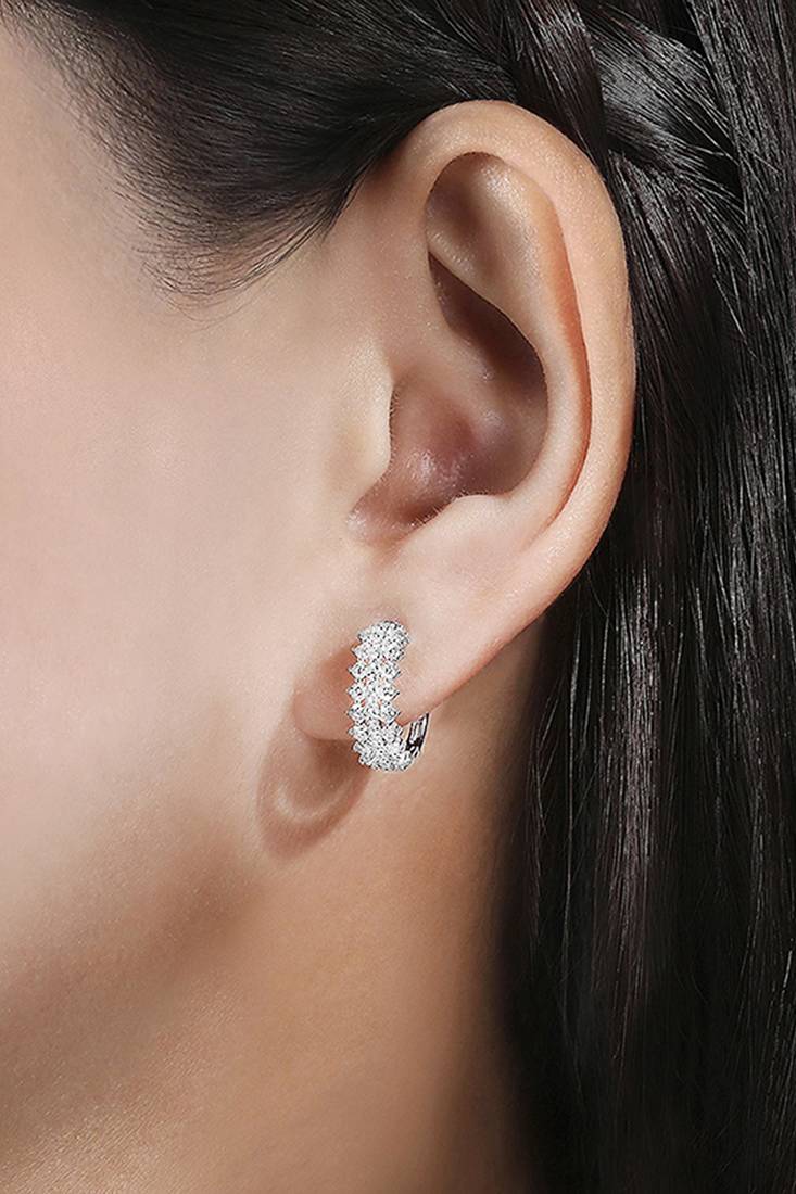 Silver plated cubic zirconia studded hoop earrings lever back fashion jewellery for women