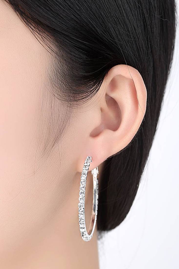 Silver plated american diamond studded hoop earrings office work wear jewellery for women