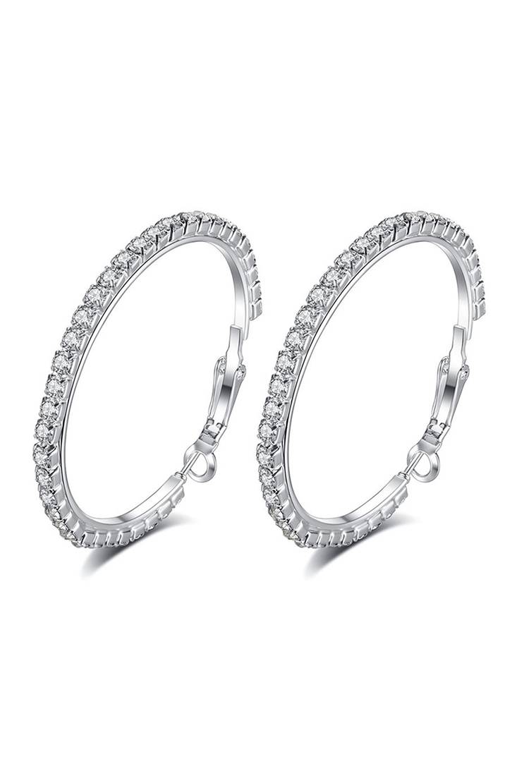 Silver plated american diamond studded hoop earrings office work wear jewellery for women