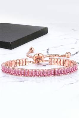 Rose gold plated pink baguette stone studded adjustable charm bracelet jewellery for women 1