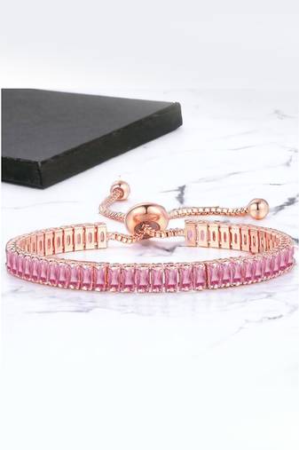 Rose gold plated pink baguette stone studded adjustable charm bracelet jewellery for women