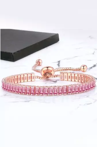 Rose gold plated pink baguette stone studded adjustable charm bracelet jewellery for women