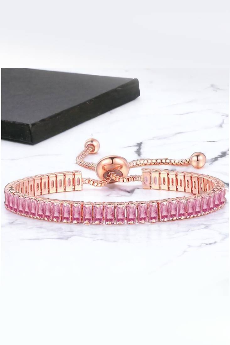Rose gold plated pink baguette stone studded adjustable charm bracelet jewellery for women